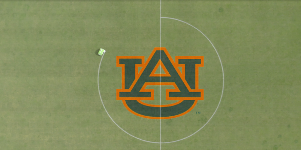 Soccer field at Turf Tank customer University of Auburn, with large logo in the middle