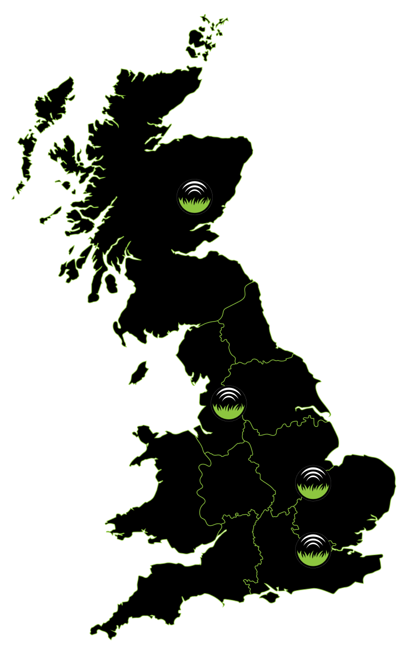 map of the United Kingdom with pins where the Turf Tank employees are place
