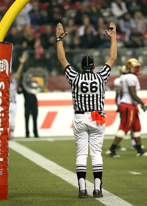Football referee from behind showing touchdown signal
