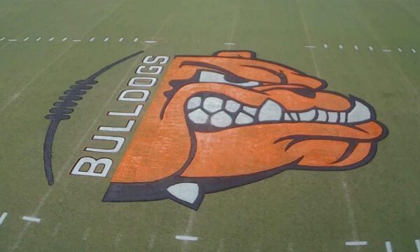 Bulldog logo painted on football field by autonomous line marking robot