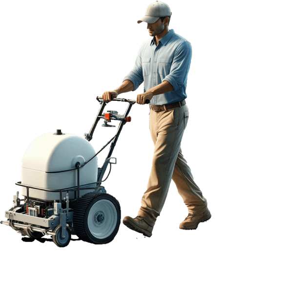 A man pushing a manual field painting machine.