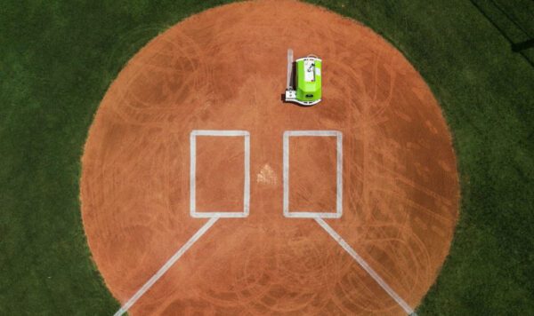A Turf Tank line marking robot painting a baseball field.
