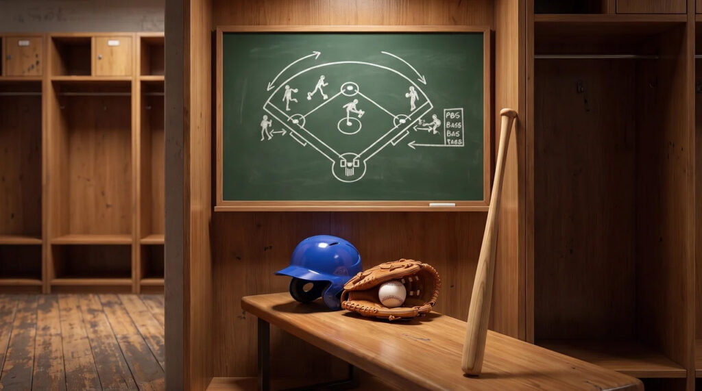 Baseball equipment and a locker room with a greenboard